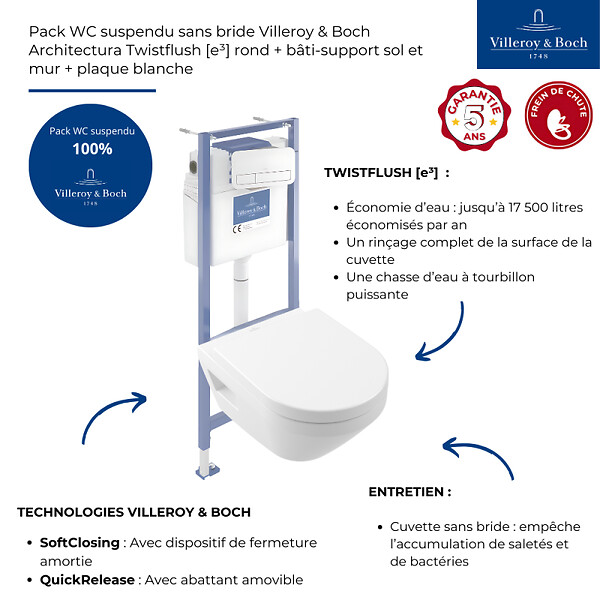 VILLEROY ET BOCH - Pack WC suspendu sans bride Architectura Twistflush [e³] rond + bâti-support sol et mur + plaque blanc - large