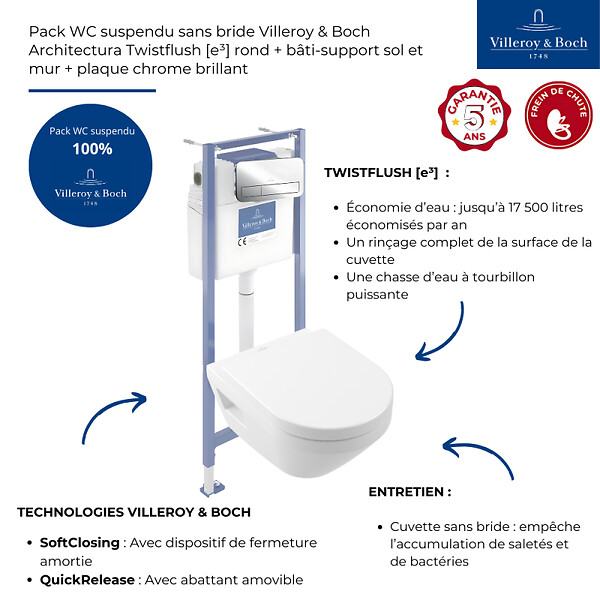 VILLEROY ET BOCH - Pack WC suspendu sans bride Architectura Twistflush [e³] rond + bâti-support sol et mur + plaque chrome brillant - large