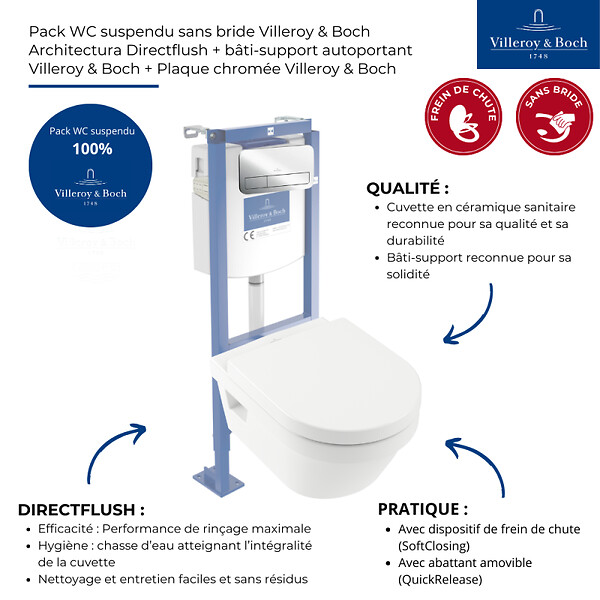 VILLEROY ET BOCH - Pack WC suspendu sans bride  Architectura directflush + abattant frein de chute + bâti-support autoportant + plaque chromée - large