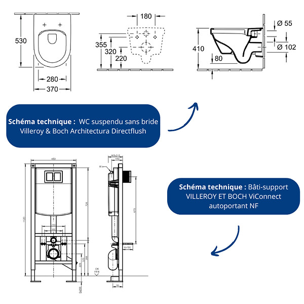 VILLEROY ET BOCH - Pack WC suspendu sans bride  Architectura directflush + abattant frein de chute + bâti-support autoportant + plaque chromée - large