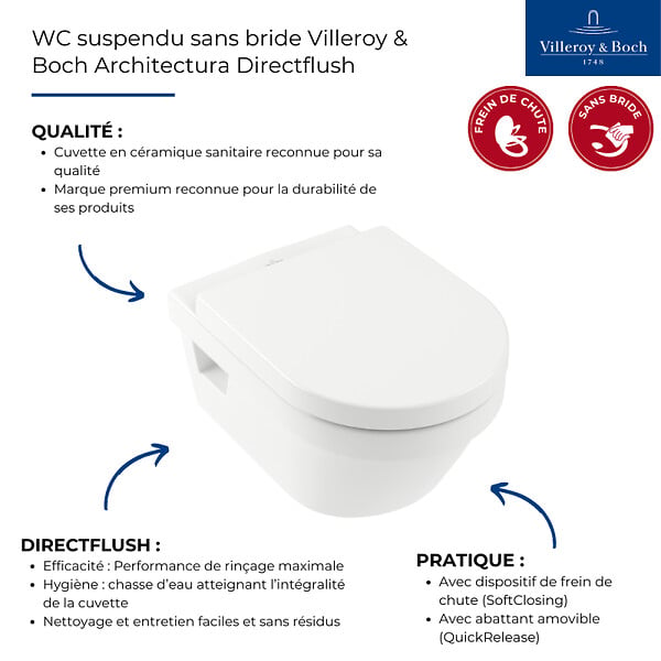 VILLEROY ET BOCH - WC suspendu sans bride  Architectura Directflush + abattant frein de chute - large