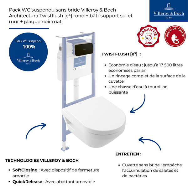 VILLEROY ET BOCH - Pack WC suspendu sans bride Architectura Twistflush [e³] rond + bâti-support sol et mur + plaque noir - large