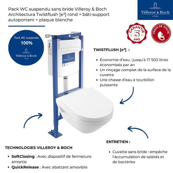 VILLEROY ET BOCH - Pack WC suspendu sans bride Architectura Twistflush [e³] rond + bâti-support ViConnect + plaque blanc - large