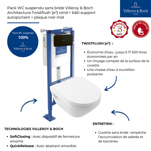 VILLEROY ET BOCH - Pack WC suspendu sans bride Architectura Twistflush [e³] rond + bâti-support ViConnect + plaque noir - large