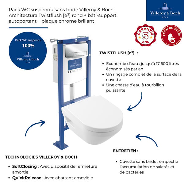 VILLEROY ET BOCH - Pack WC suspendu sans bride Architectura Twistflush [e³] rond + bâti-support ViConnect + plaque chrome brillant - large