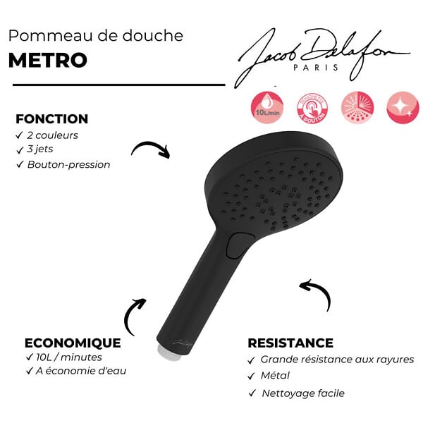 JACOB DELAFON - Pommeau de douche Metro 3 jets noir + flexible + support - large