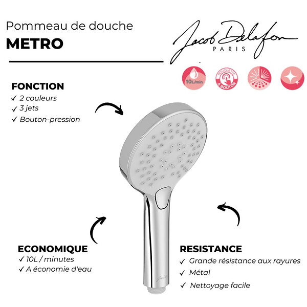 JACOB DELAFON - Pommeau de douche Metro 3 jets chromé + flexible - large