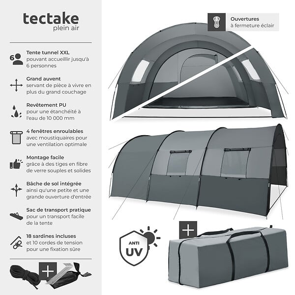 TECTAKE - Tente tunnel Roskilde pour 6 personnes gris clair/gris foncé - large