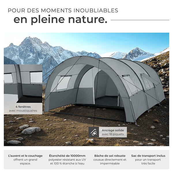 TECTAKE - Tente tunnel Roskilde pour 6 personnes gris clair/gris foncé - large