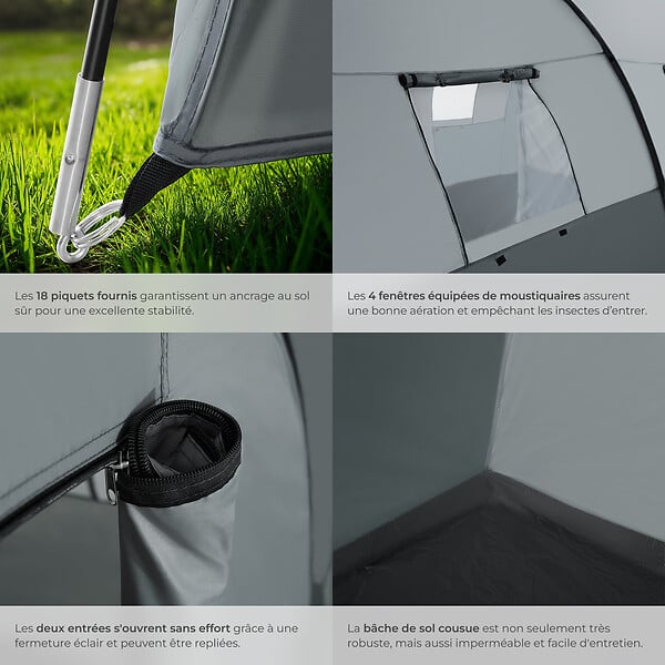 TECTAKE - Tente tunnel Roskilde pour 6 personnes gris clair/gris foncé - large