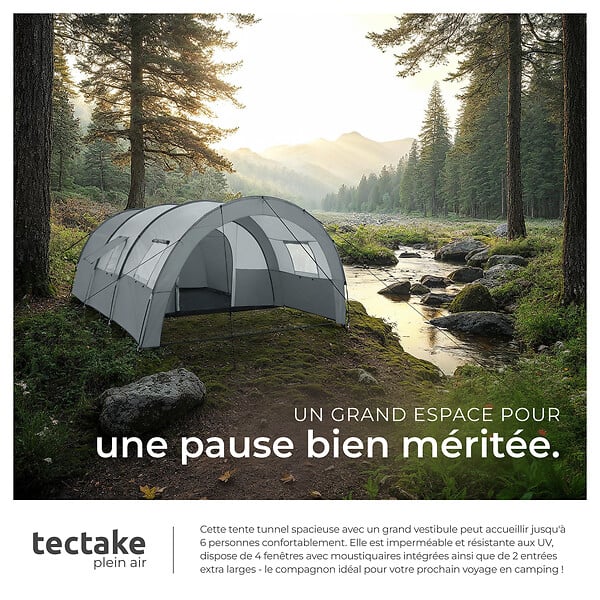 TECTAKE - Tente tunnel Roskilde pour 6 personnes gris clair/gris foncé - large
