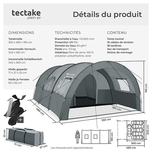 TECTAKE - Tente tunnel Roskilde pour 6 personnes gris clair/gris foncé - large