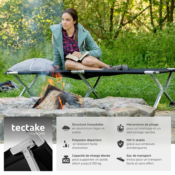 TECTAKE - Lit de camp en aluminium noir - large