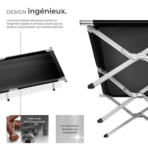 TECTAKE - Lit de camp en aluminium noir - large