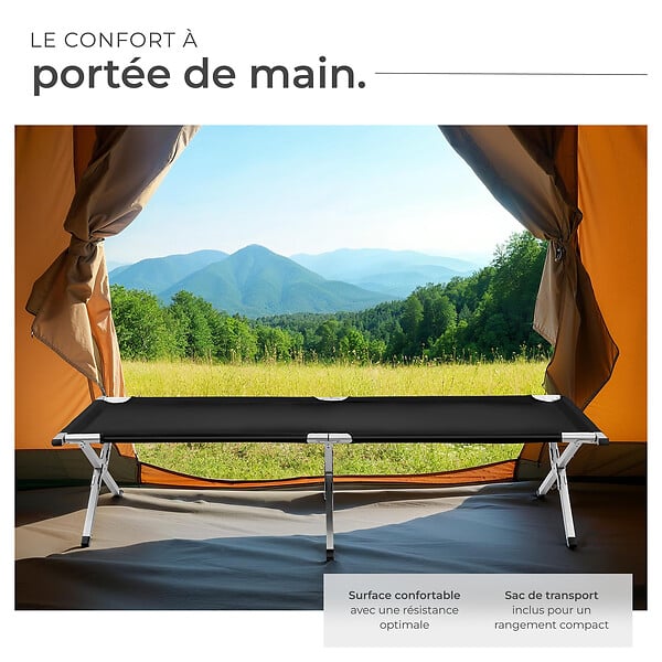 TECTAKE - Lit de camp en aluminium noir - large