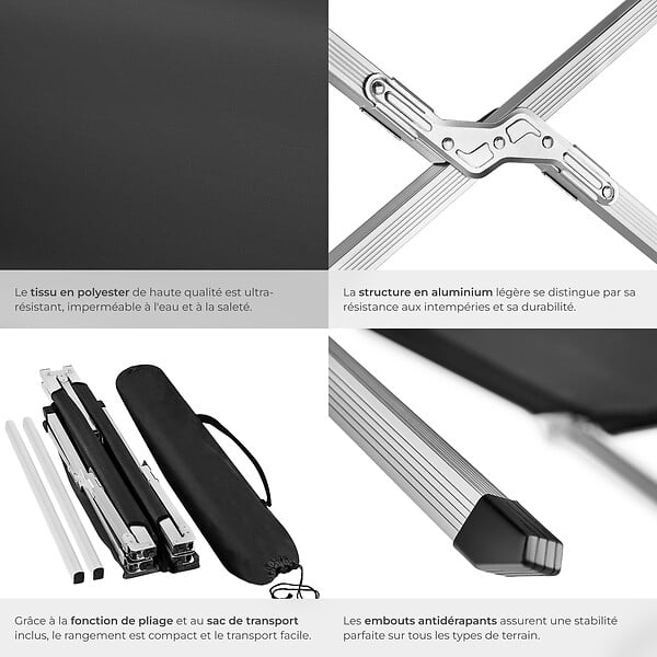 TECTAKE - Lit de camp en aluminium noir - large