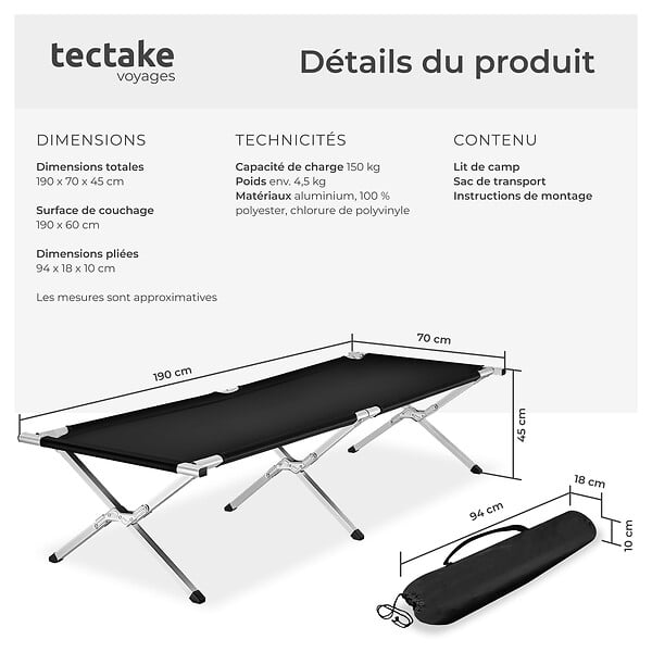 TECTAKE - Lit de camp en aluminium noir - large