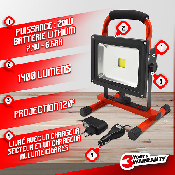 I-WATTS PRO - Projecteur led rechargeable de chantier 20W - I-WATTS - large