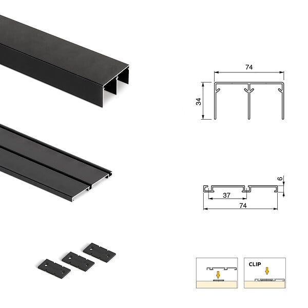 EMUCA - Kit de quincaillerie pour armoire à 2 portes coulissantes avec fermeture souple Placard 74, Modèle de poignée Sharp, épaisseur 16mm, panneaux non inclus, Peint en Noir - large