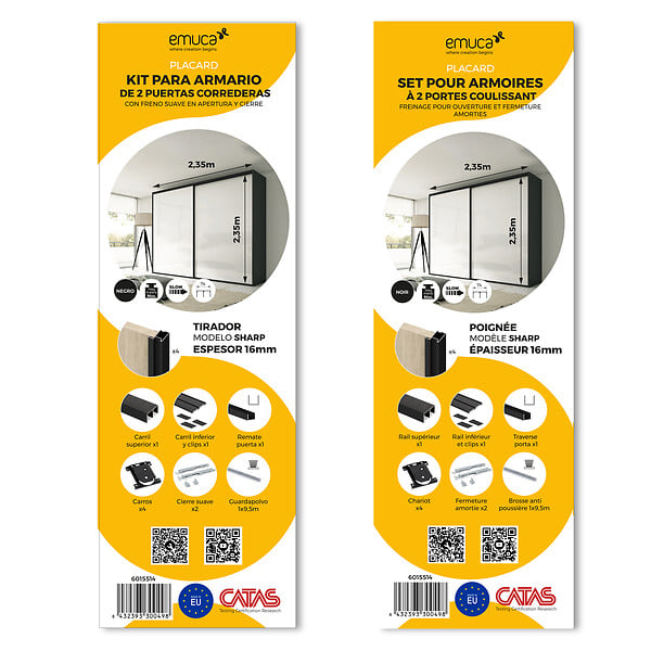 EMUCA - Kit de quincaillerie pour armoire à 2 portes coulissantes avec fermeture souple Placard 74, Modèle de poignée Sharp, épaisseur 16mm, panneaux non inclus, Peint en Noir - large