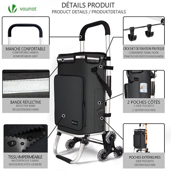 VOUNOT - Chariot de course pliable monte escalier aluminium avec crochets noir - large