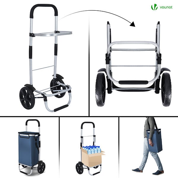 VOUNOT - Chariot de course pliable aluminium 2 roues avec sac isotherme bleu marine - large