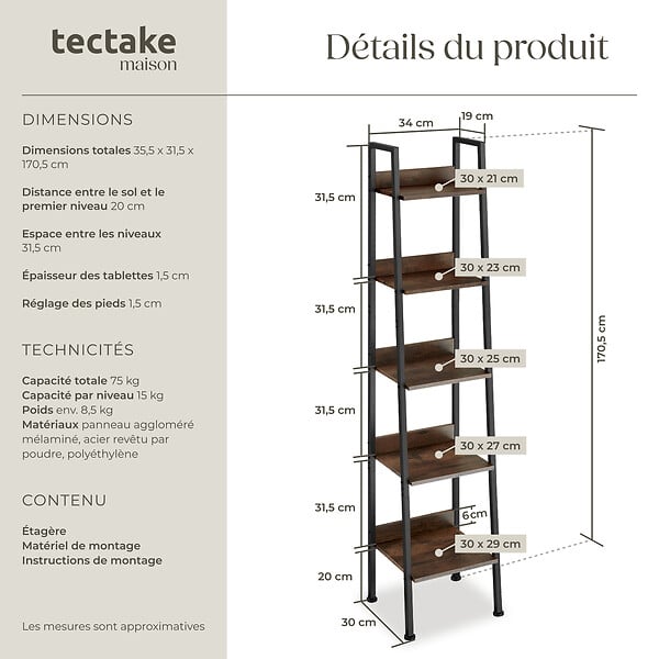 TECTAKE - Étagère échelle Bois foncé industriel, rustique - large