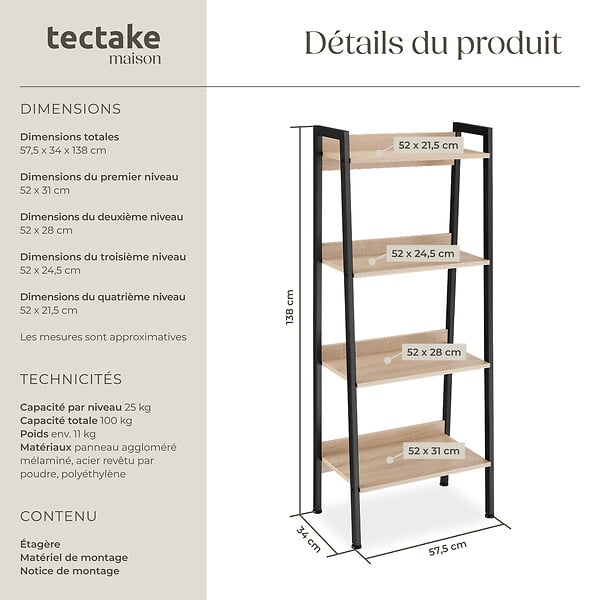 TECTAKE - Étagère échelle Bois clair industriel, Chêne Sonoma - large