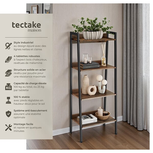 TECTAKE - Étagère échelle Bois foncé industriel, rustique - large