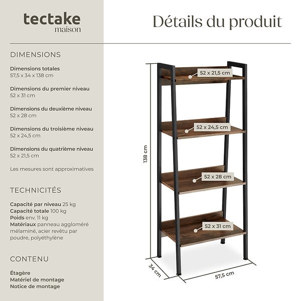 TECTAKE - Étagère échelle Bois foncé industriel, rustique - large