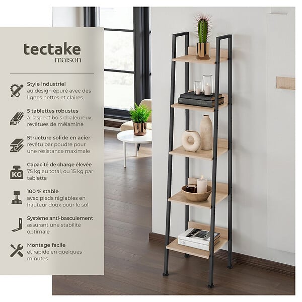 TECTAKE - Étagère échelle Bois clair industriel, Chêne Sonoma - large