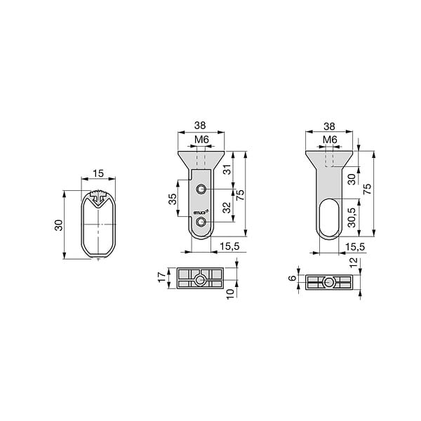 EMUCA - Lot de 2 rails pour armoires en soie de 1,15m de long avec supports, Aluminium et Plastique, Peint en noir - large