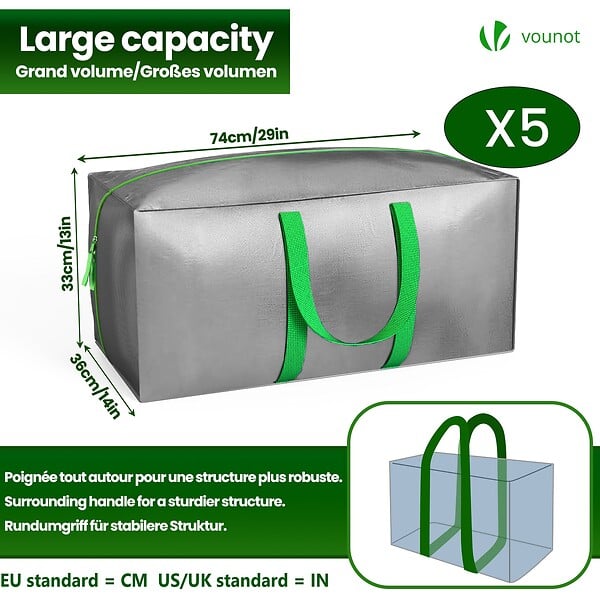 VOUNOT - Lot de 5 sacs de demenagement grand format avec sangles et poignee gris - large