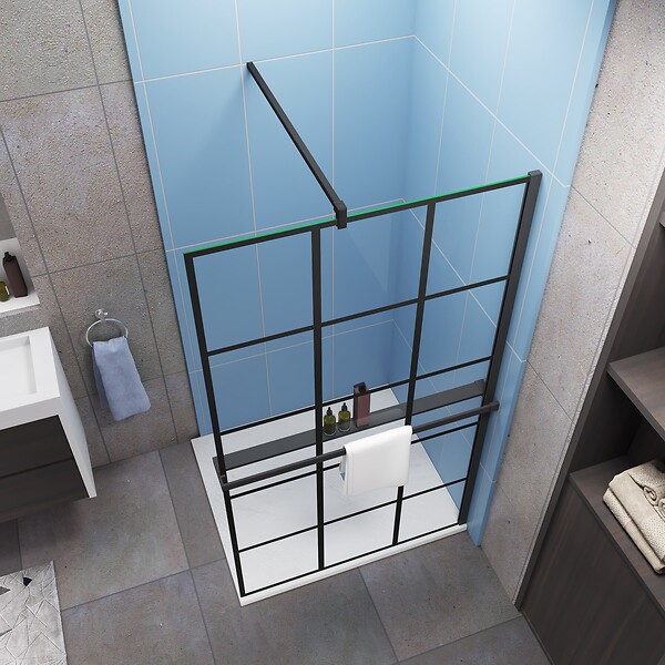 AICA SANITAIRE - Paroi de douche à l'italienne style contemporain 120x200cm installé avec une barre de fixation carré en 90cm,livré avec étagère de douche noir - large