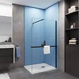AICA SANITAIRE - Paroi de douche à l'italienne 120x200cm installé avec une barre de fixation noir en 90cm,livré avec étagère de douche noir - vignette