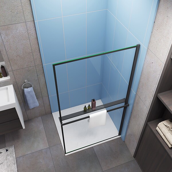 AICA SANITAIRE - Paroi de douche à l'italienne cadre noir 100x200cm cadre et étagère de douche aluminium et noir mat - large