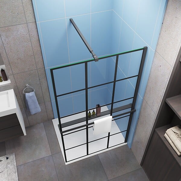 AICA SANITAIRE - Paroi de douche à l'italienne style contemporain 120x200cm installé avec une barre de fixation noir 73-120cm extensible,livré avec étagère de douche noir - large