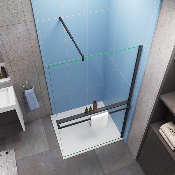 AICA SANITAIRE - Paroi de douche à l'italienne 100x200cm installé avec une barre de fixation en cylindrique,livré avec étagère de douche noir - large