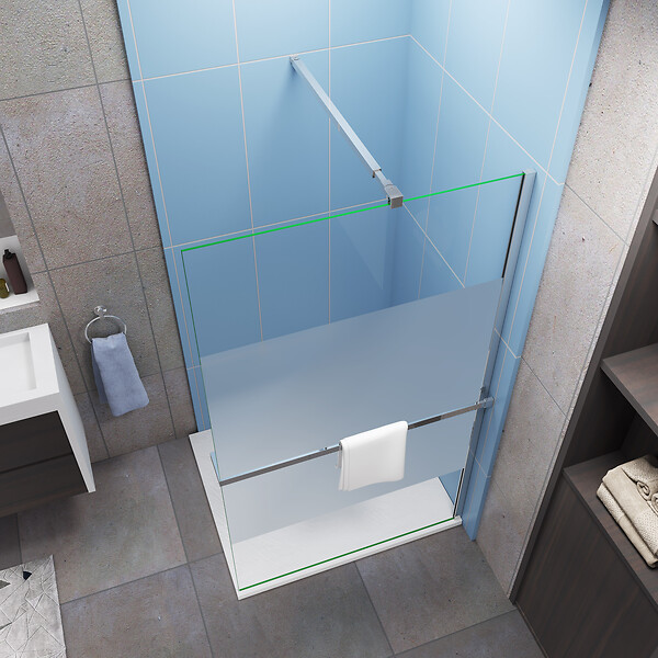 AICA SANITAIRE - Paroi de douche à l'italienne en bande central dépoli 120x200cm avec porte serviette-étagère chromé et une barre de fixation forme carré extensible - large