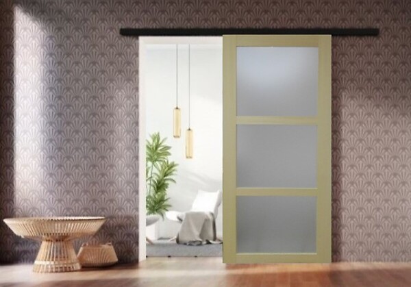 GD MENUISERIES - Porte Coulissante bois Ayous Vitrée H204 x L93 cm, Rail alu bandeau noir - large