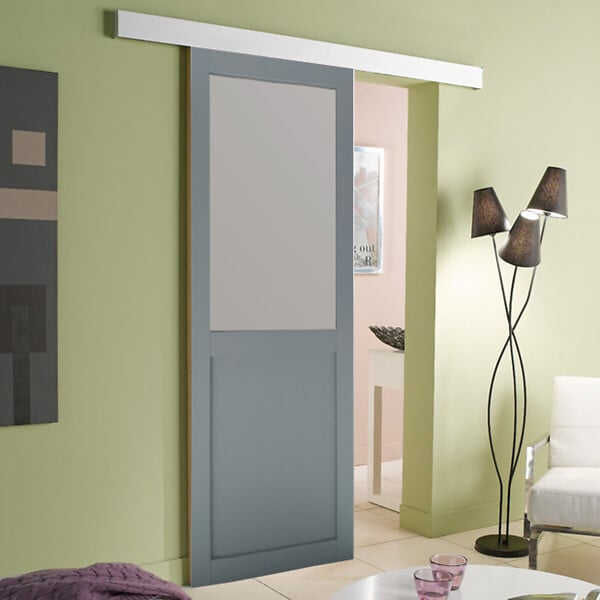 GD MENUISERIES - Porte Coulissante Athena Gris Clair Vitrée H204 x L73 cm, Rail Alu Bandeau blanc - large