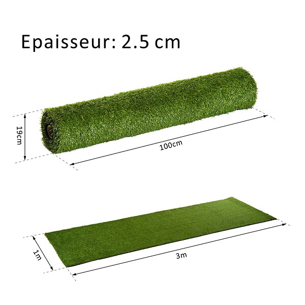 OUTSUNNY - Gazon synthétique artificiel moquette extérieure intérieure 3L x 1l m herbes hautes denses 2,5 cm vert - large