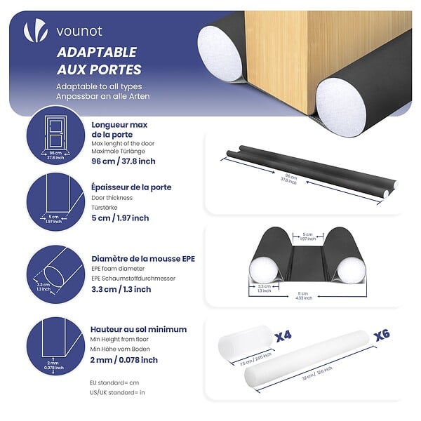 VOUNOT - Lot de 2 Boudins de Porte Isolants coupe froid Découpables 96cm Noir - large