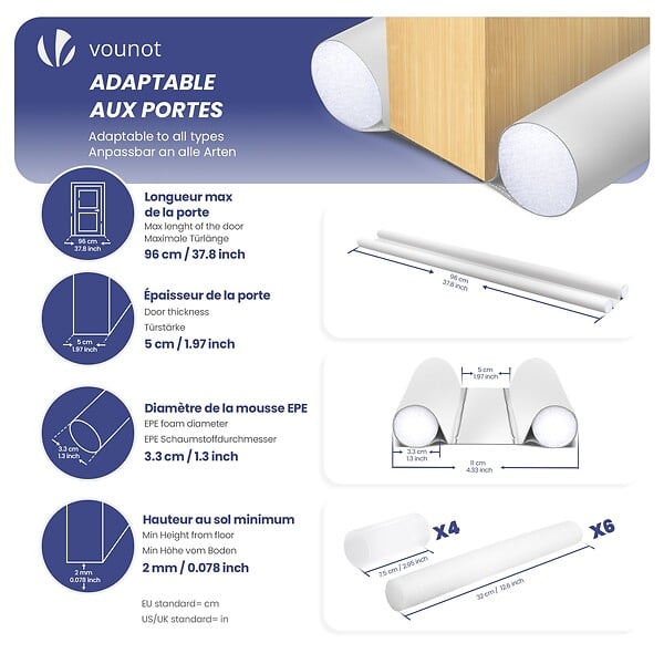 VOUNOT - Lot de 4 Boudins de Porte Isolants coupe froid Découpables 96cm Blanc - large