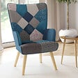 ID MARKET - Fauteuil scandinave IVAR en tissu patchwork et velours bleu - vignette