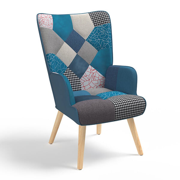 ID MARKET - Fauteuil scandinave IVAR en tissu patchwork et velours bleu - large