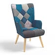 ID MARKET - Fauteuil scandinave IVAR en tissu patchwork et velours bleu - vignette
