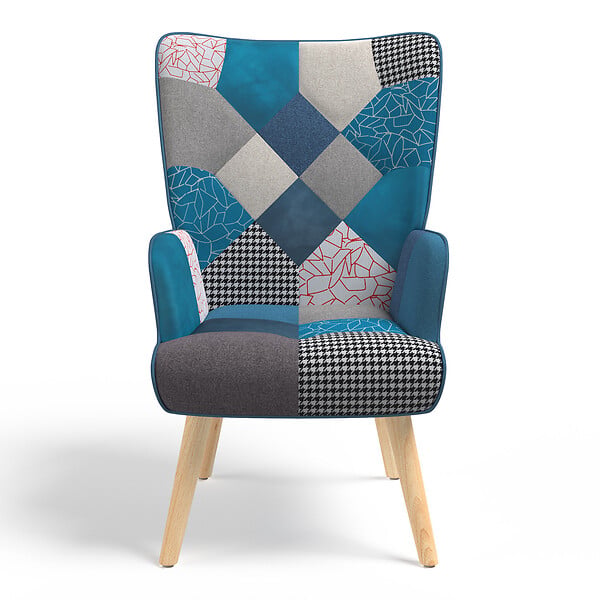 ID MARKET - Fauteuil scandinave IVAR en tissu patchwork et velours bleu - large