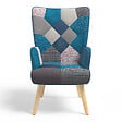 ID MARKET - Fauteuil scandinave IVAR en tissu patchwork et velours bleu - vignette