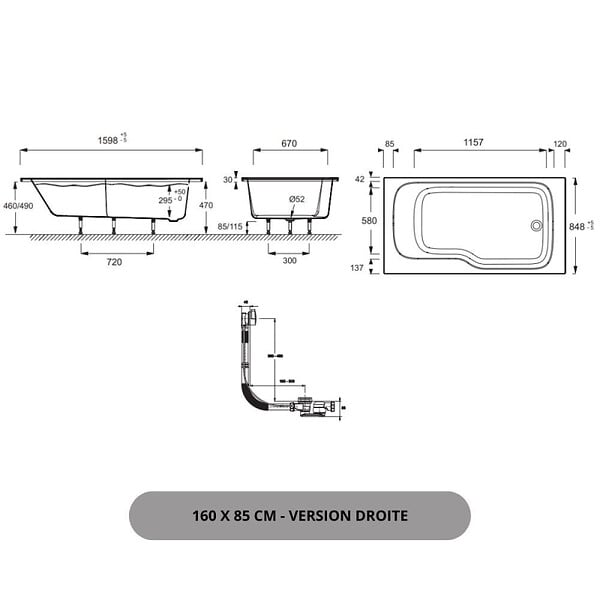 JACOB DELAFON - Pack baignoire bain douche 160 x 85 Malice version droite blanc mat + pare bain + étagère - large